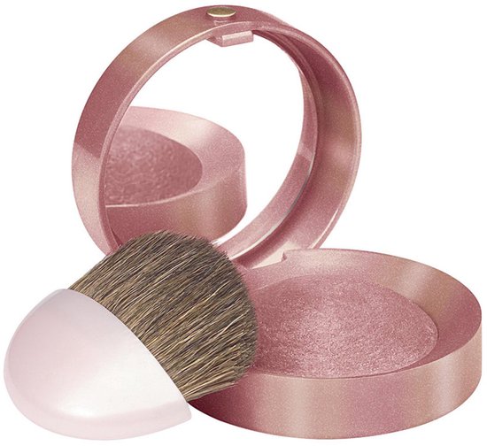 Roze poederblush met glitters in een rond doosje met spiegel en kwastje. De kwast is wit met bruine haartjes.