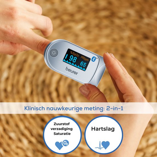 Beurer PO 60 Bluetooth® Saturatiemeter – Pulse-Oximeter voor Vinger – Meet Zuurstofgehalte & Hartslag – Kleurendisplay – beurer HealthManager Pro App – Klinisch Getest & Medisch Gecertificeerd – Incl. Batterijen – 5 Jaar Garantie