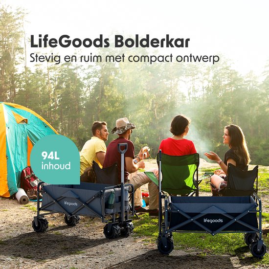LifeGoods Bolderkar - Opvouwbaar - 80KG Draagkracht - 94L - Wasbaar - Stevige Wielen - Zwart/Grijs