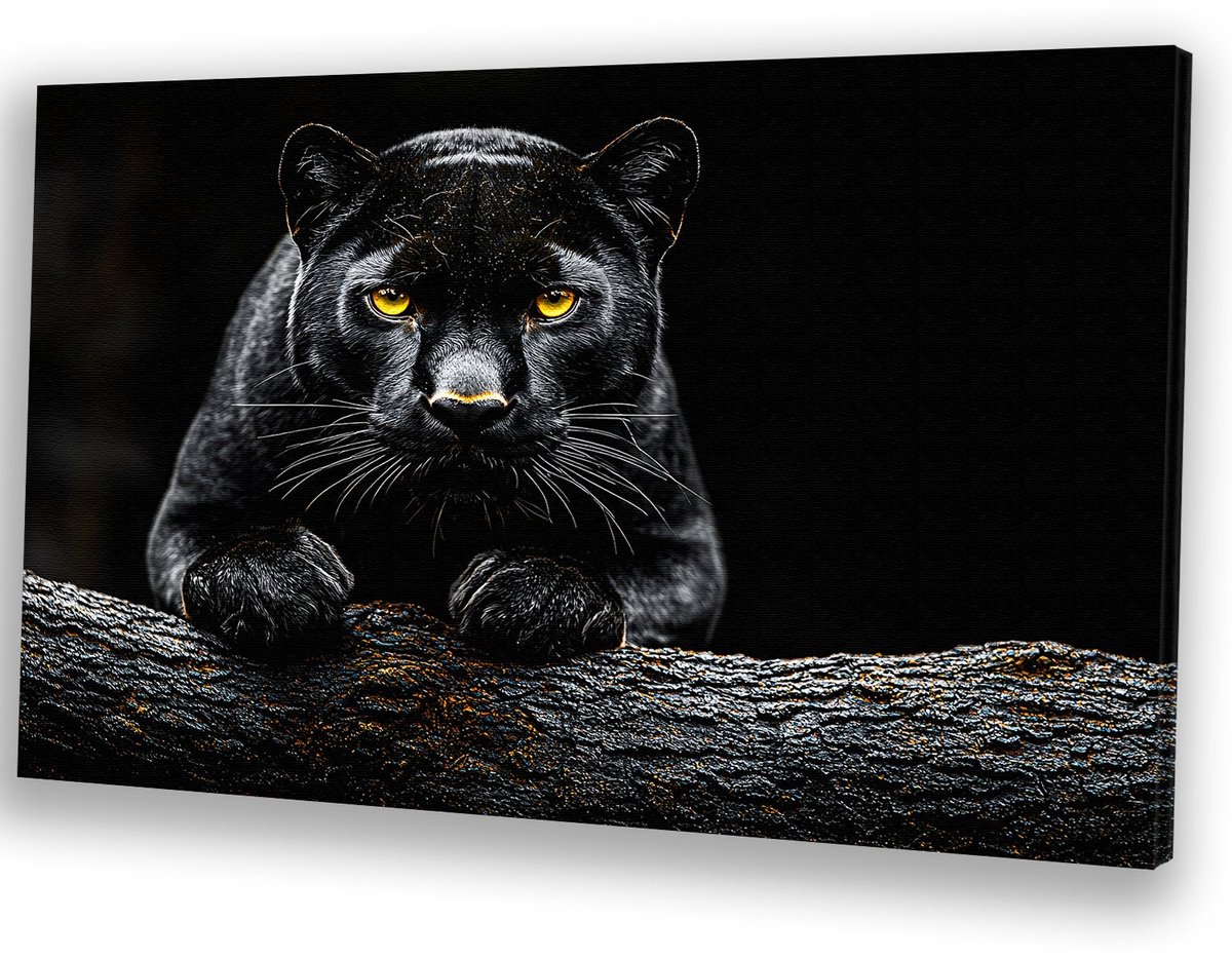 Zwarte panter op boomstam - Panter canvas schilderij - Wanddecoratie canvas dieren - Hyper