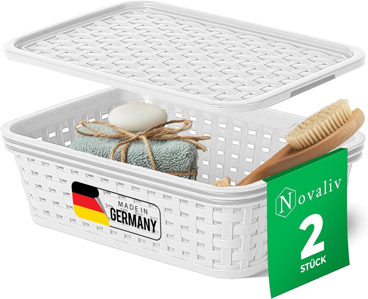 Novaliv Set van 2 elegante opbergmanden met deksel in rotanlook, wit, voedselveilig plastic, 1L, perfect voor badkamer- en kledingopslag - Opbergdoos badkamermand