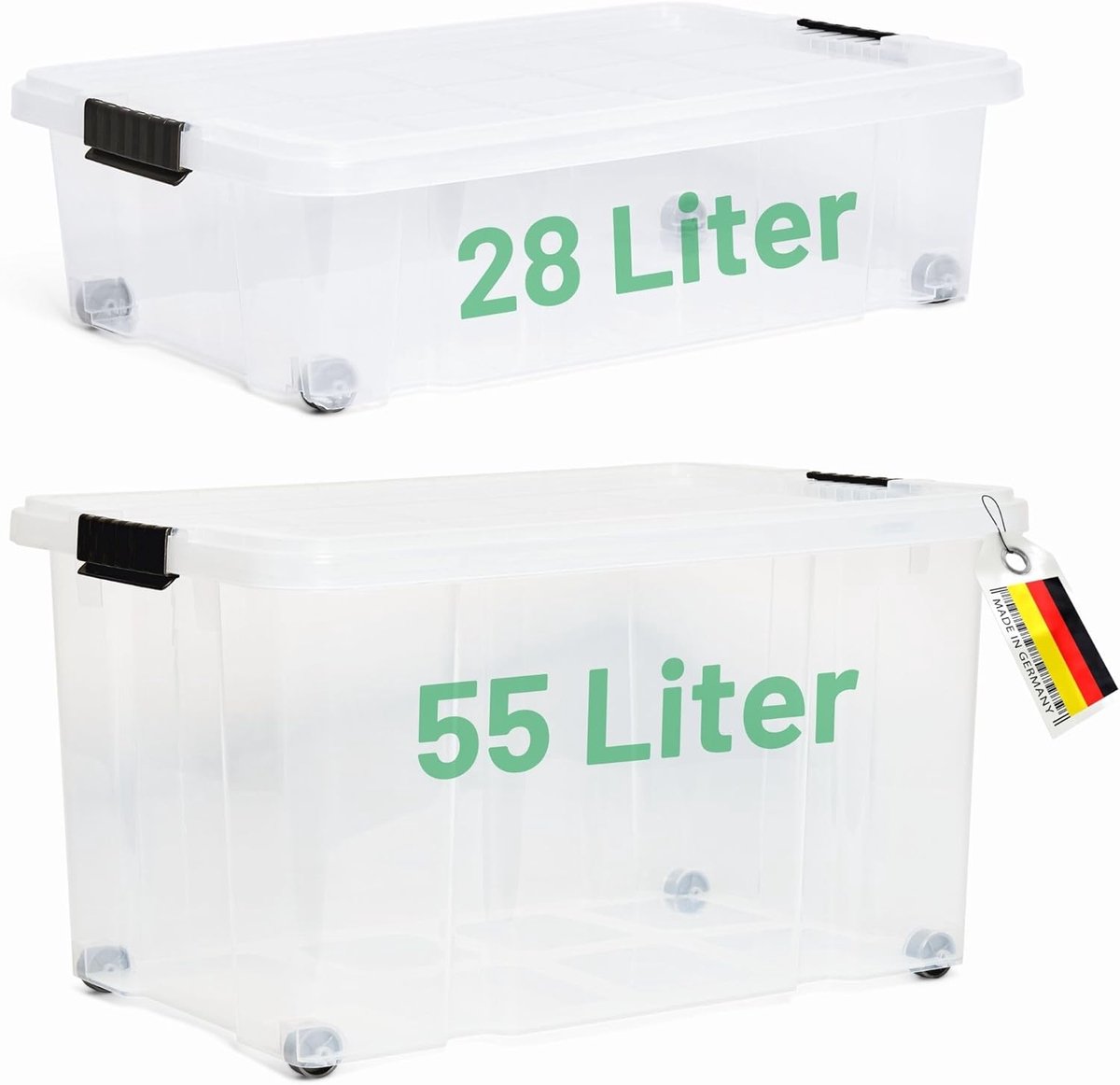Novaliv 2-delige set opbergdoos met deksel, transparant, 1x 55 L + 1x 28 L, nestbaar, stapelbaar, clipsluiting, rolboxen, BPA-vrij