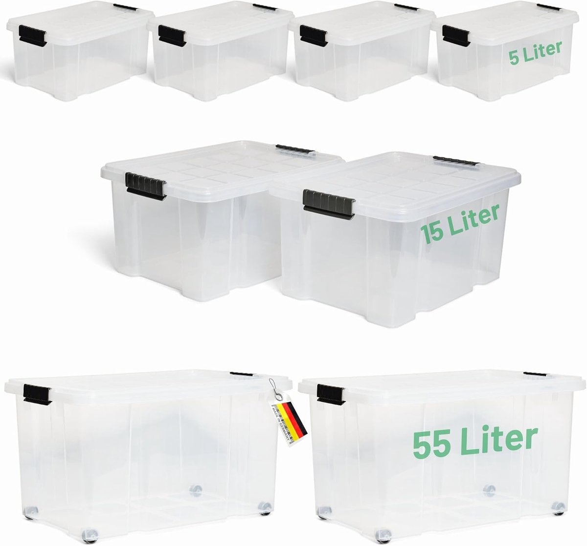 Novaliv 7-delige set opbergdozen met deksel, transparant, 2x55 L + 2x15 L + 4x5 L, nestbaar, stapelbaar, clipsluiting, roldozen, BPA-vrij