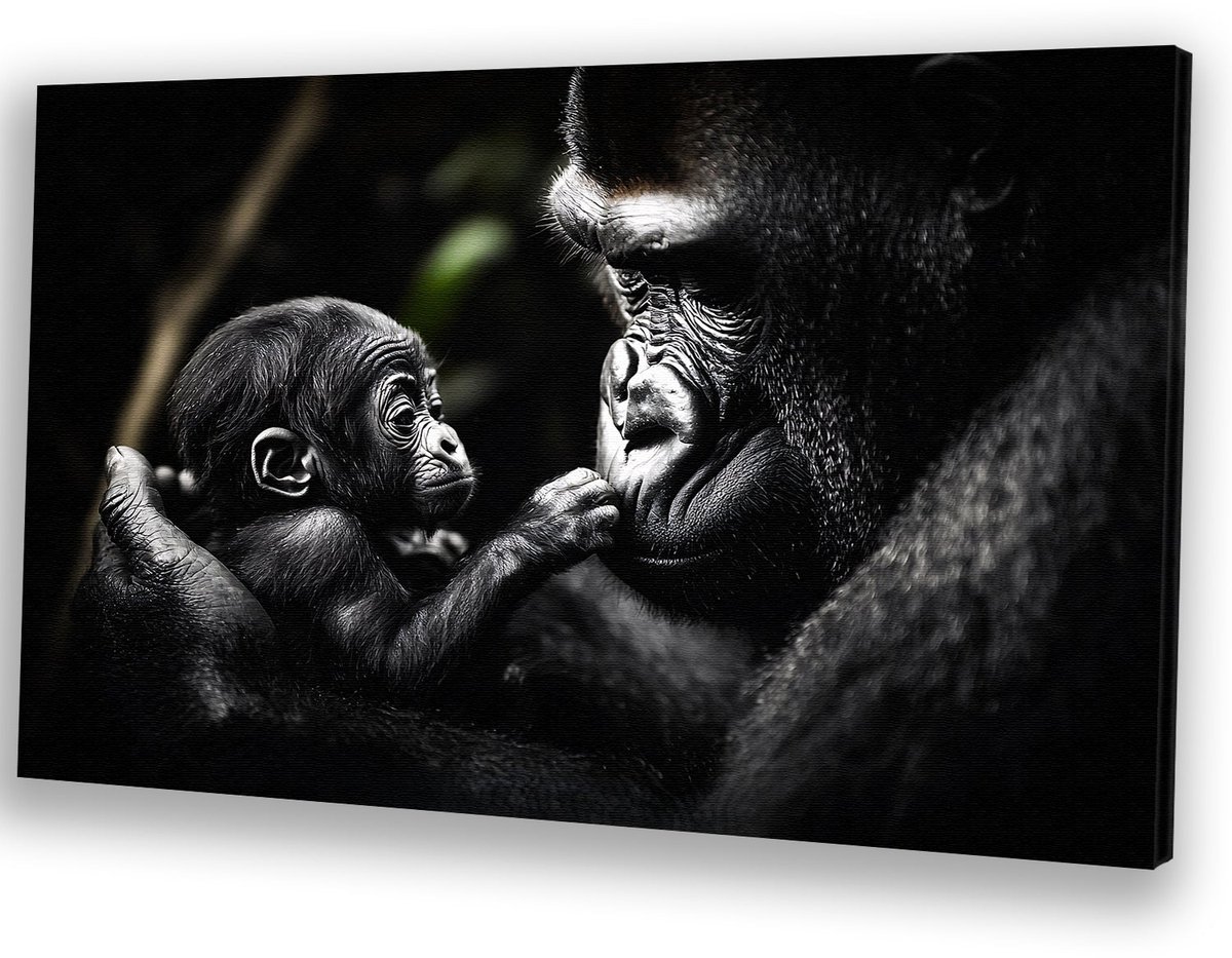 Moeder en baby gorilla - Gorilla canvas schilderij - Wanddecoratie canvas dier - Zwart wit - Decoratieve kunst - Kunst - canvas 120x80 cm