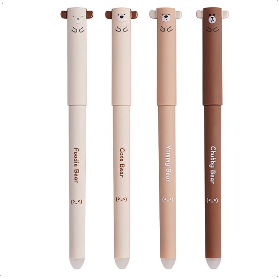Ainy - Ensemble de stylos effaçables Kawaii Bears 4 pièces | Stylos effaçables au design unique pour trousse ou étui à crayons | Coffret cadeau de stylos à bille à dessin idéal pour enfants et adultes