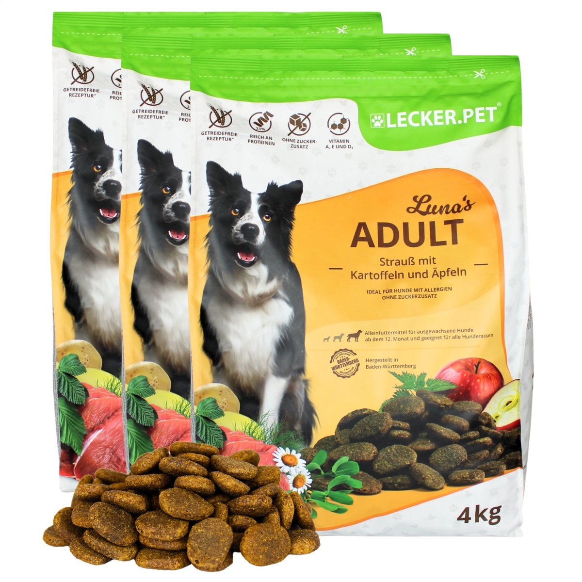 Lyra Pet 12 kg Lecker.Pet® Luna's Adult Struisvogel met Aardappel & Appel droog hondenvoer compleet voer houdbaar tot 3/2026
