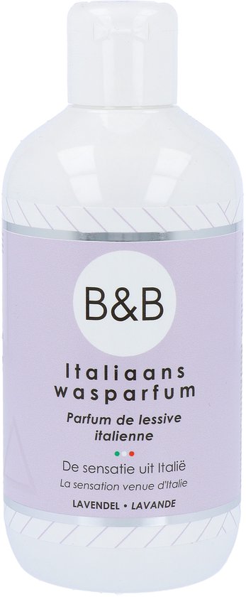 Witte fles wasparfum met paars label met 'B&B Italiaans wasparfum Parfum de lessive italienne De sensatie uit Italië LAVENDEL • LAVANDE'.