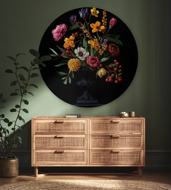 WallCircle® Wandcirkel 140x140 cm - Muurcirkel Sierlijk - Boeket - Bladeren - Muurdecoratie woonkamer - Wanddecoratie slaapkamer - Kamer decoratie accessoires - Ronde schilderijen