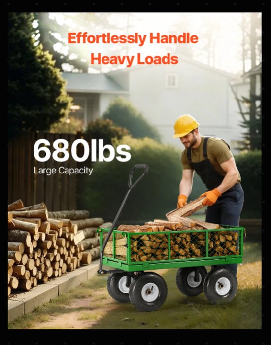 Tuinwagen - Tuinkar - Heavy-duty - 900 lb Draagkracht - 2-in-1 Plat- en - Hekwerkontwerp - 360° Draaibare Wielen - Voor Tuin - Erf en Magazijn - Ergonomische Handgreep — afbeelding 3