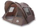 Bruine 2-persoons tent met openstaande delen, ramen en ventilatieopeningen.