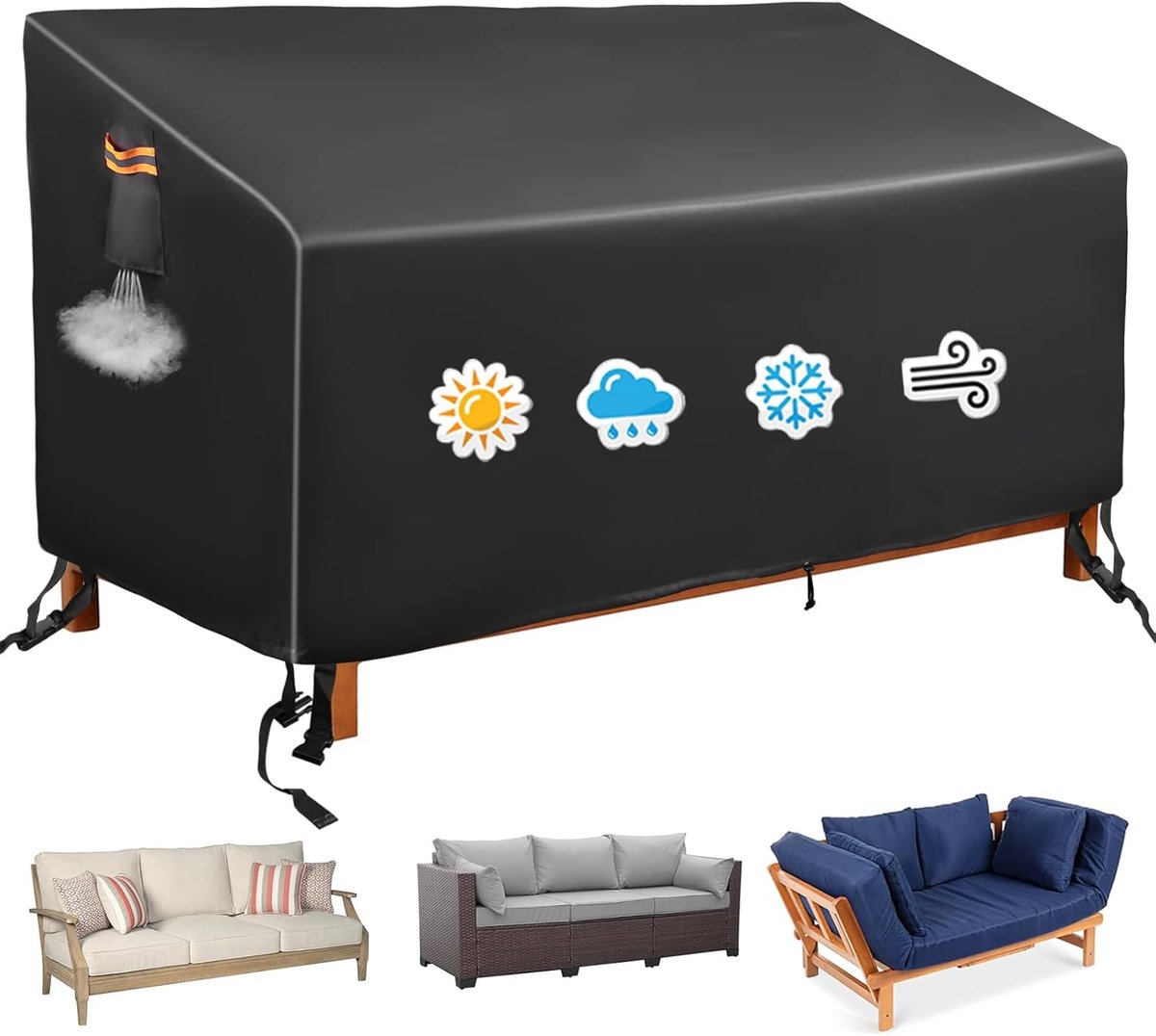 Famanu Hoes voor tuinbank, zware belasting, scheurvast, 600D Oxford-weefsel, beschermhoes voor tuinbank, 200 x 96 x 89 cm, 3-zits, waterdicht, zwart