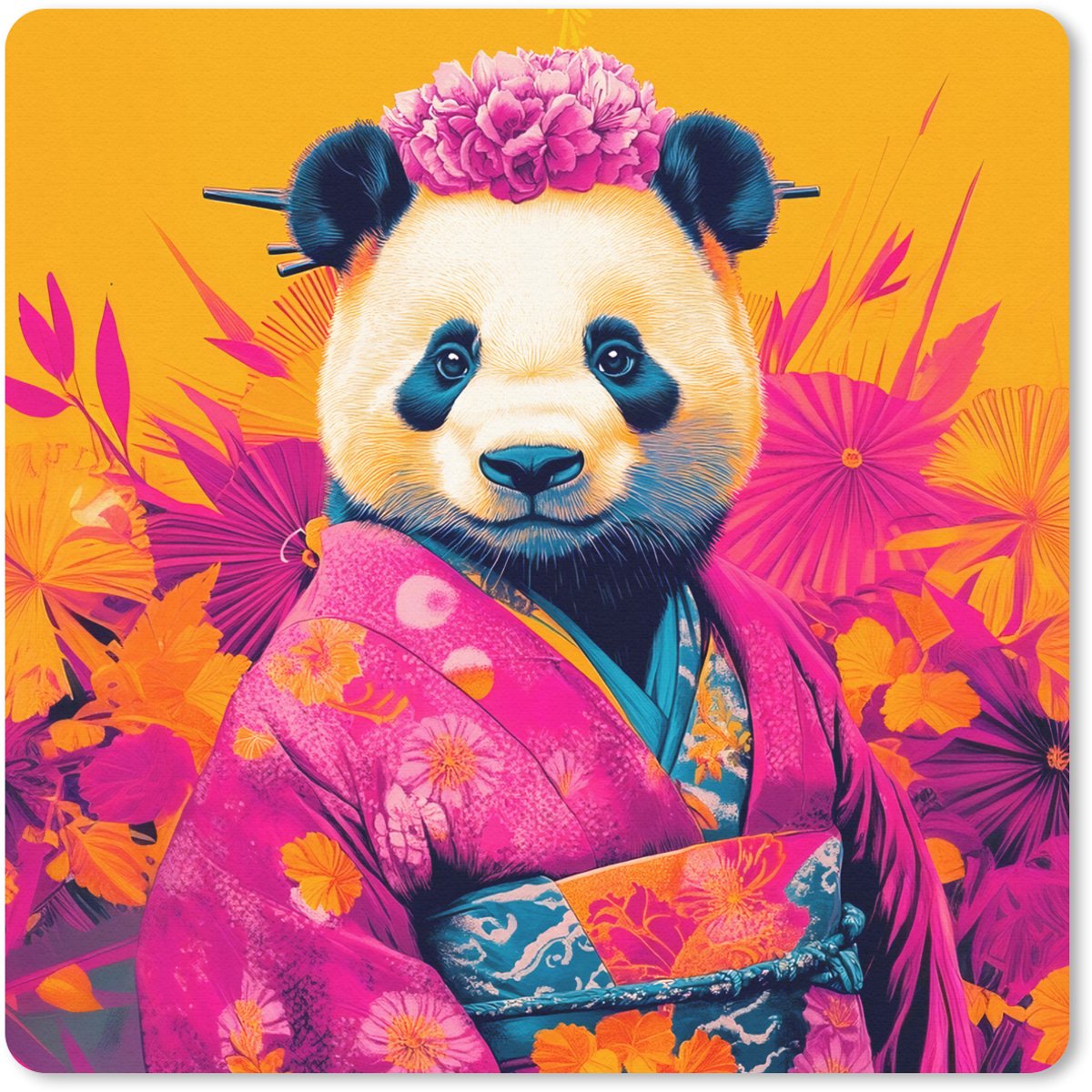 Muismat 20x20 cm - Mousepad Kimono - Roze - Panda - Bloemenkroon - Muismatten