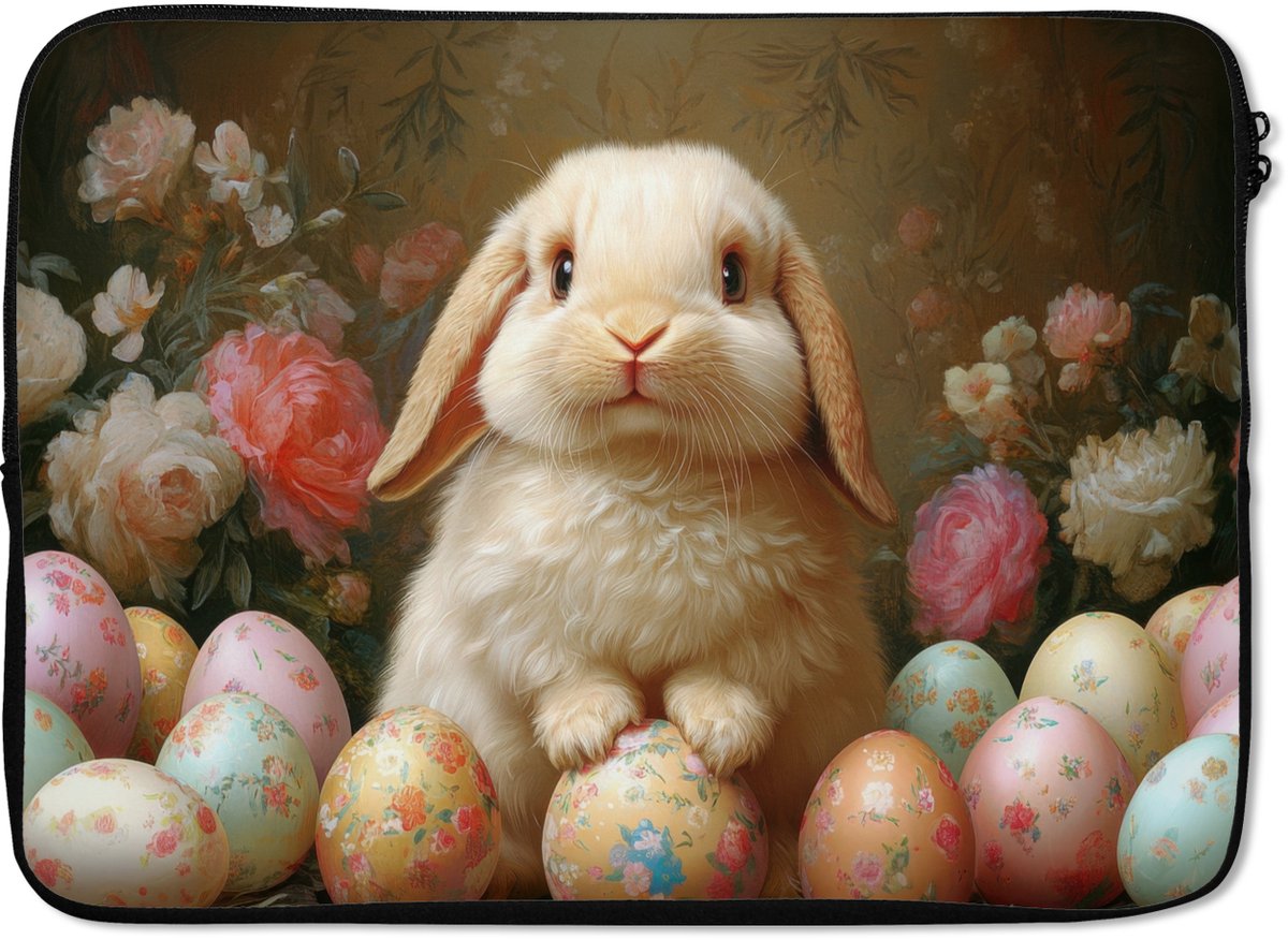 Laptophoes 13 inch - Konijn - Paaseieren - Stilleven - Laptop sleeve - Binnenmaat 32x22,5 cm - Zwarte achterkant