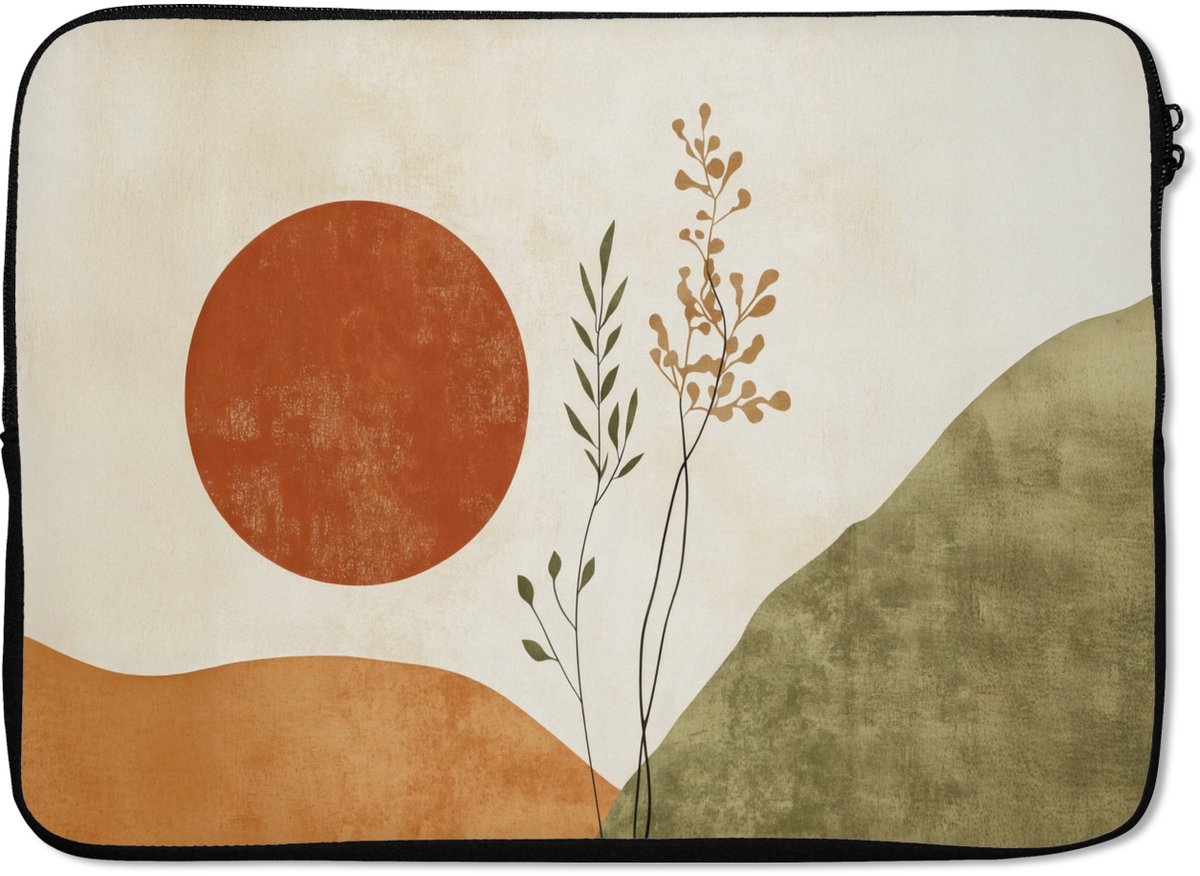 Laptophoes 14 inch - Zon - Abstract - Takken - Oranje - Laptop sleeve - Binnenmaat 33x23 cm - Zwarte achterkant