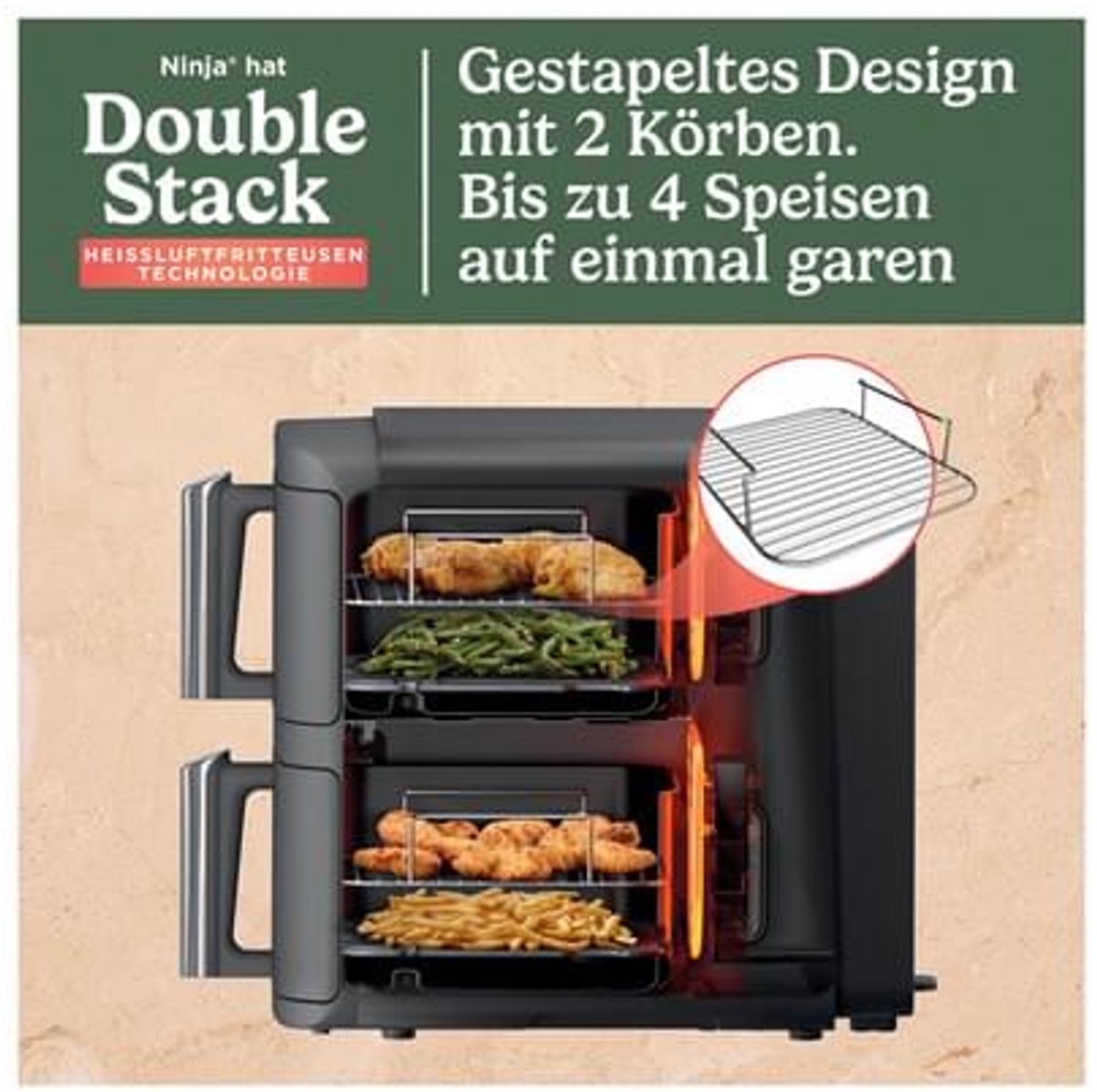 Afbeelding 3 van Ninja Double Stack Airfryer XXL - 9.5 Liter - Dubbele Gestapelde Lades - 6 Programma's - Inclusief Kookrekjes - SL400EU
