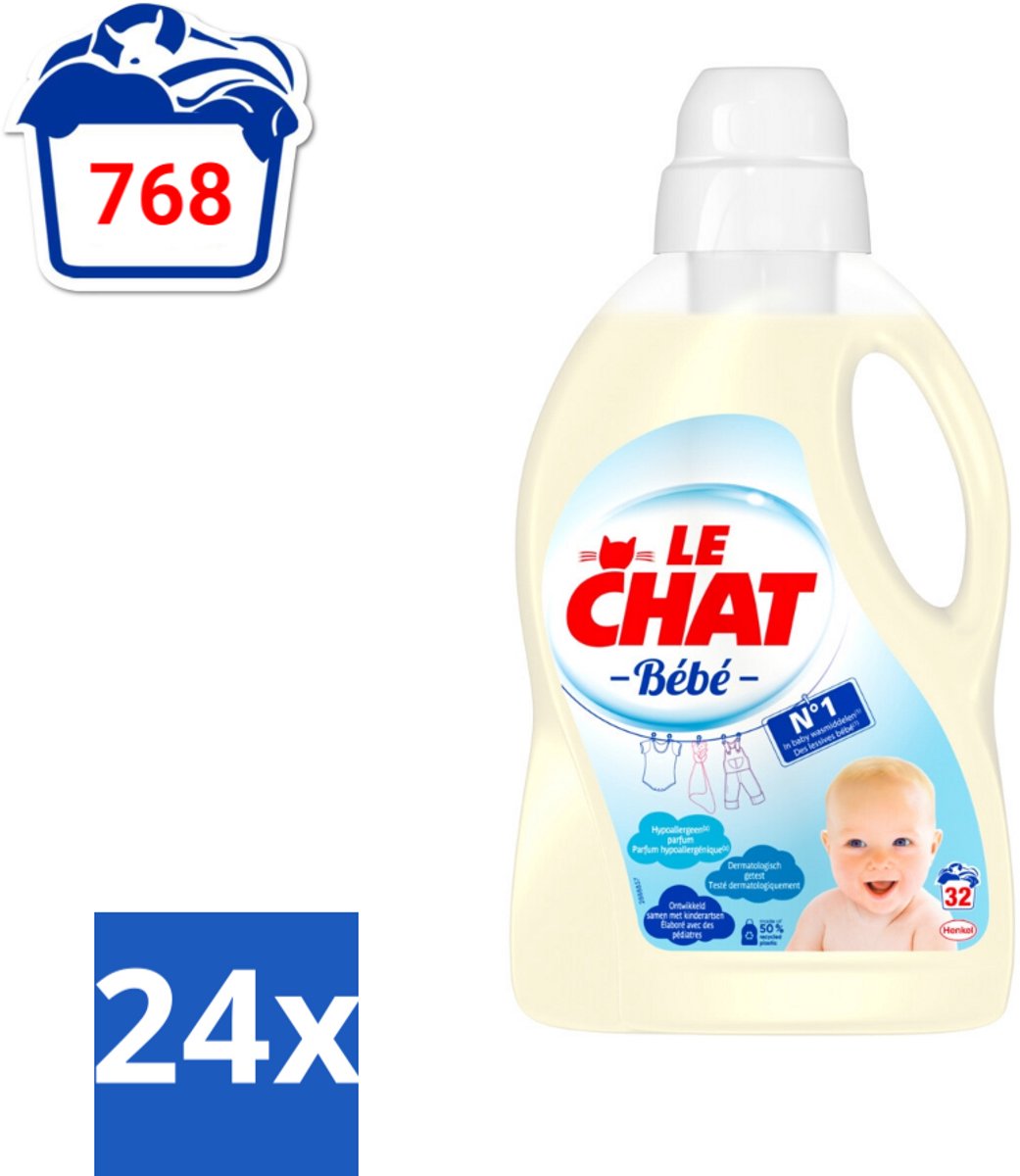 24 x Le Chat Vloeibaar Wasmiddel Bébé 32 Wasbeurten 1440 ml - Babywasmiddel - Hypoallergeen - Babyvlekken - Wasmiddel Voor Baby's - Babywas