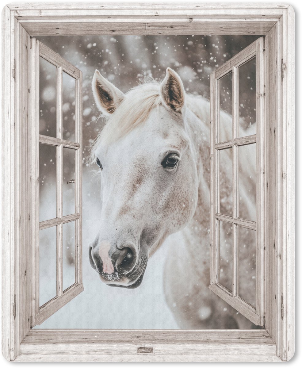 Muismat 19x23 cm - Mousepad Paard - Wit - Winter - Sneeuw - Doorkijk - Dieren - Muismatten