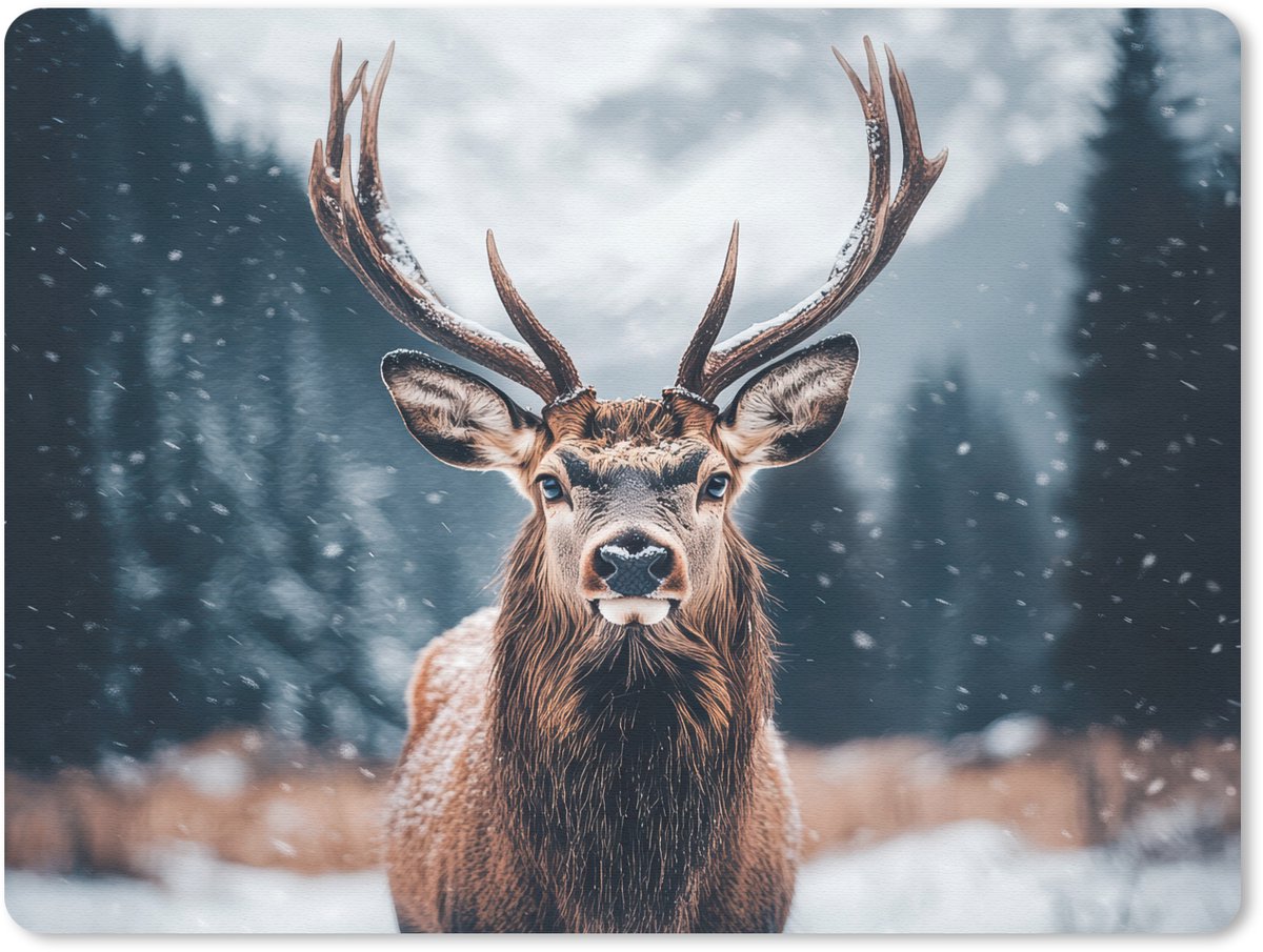 Muismat 23x19 cm - Mousepad Hert - Dieren - Landschap - Winter - Sneeuw - Muismatten