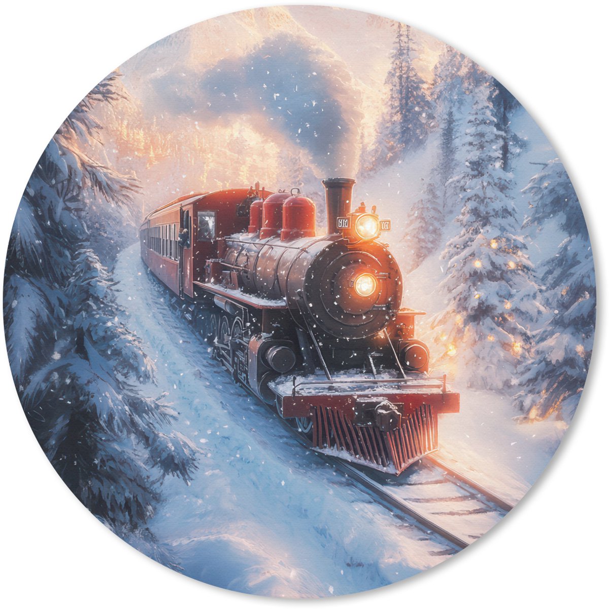 Muismat rond 40x40 cm - Mousepad Kersttrein - Sneeuw - Winter - Kerst - Ronde muismatten