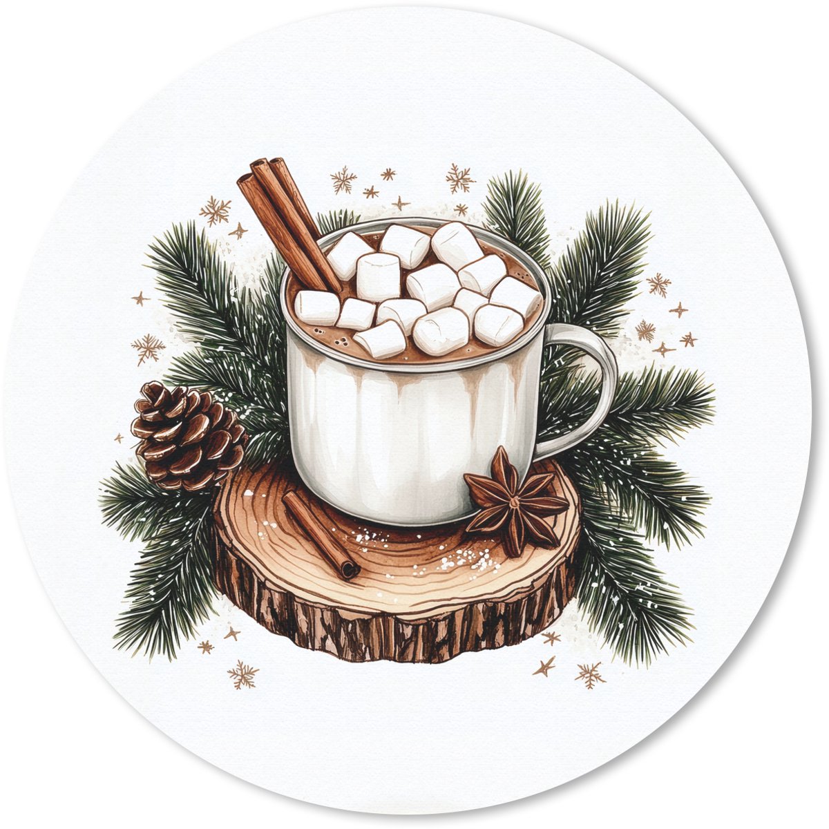 Muismat rond 30x30 cm - Mousepad Winter - Hout - Chocolademelk - Drink - Kerst - Ronde muismatten