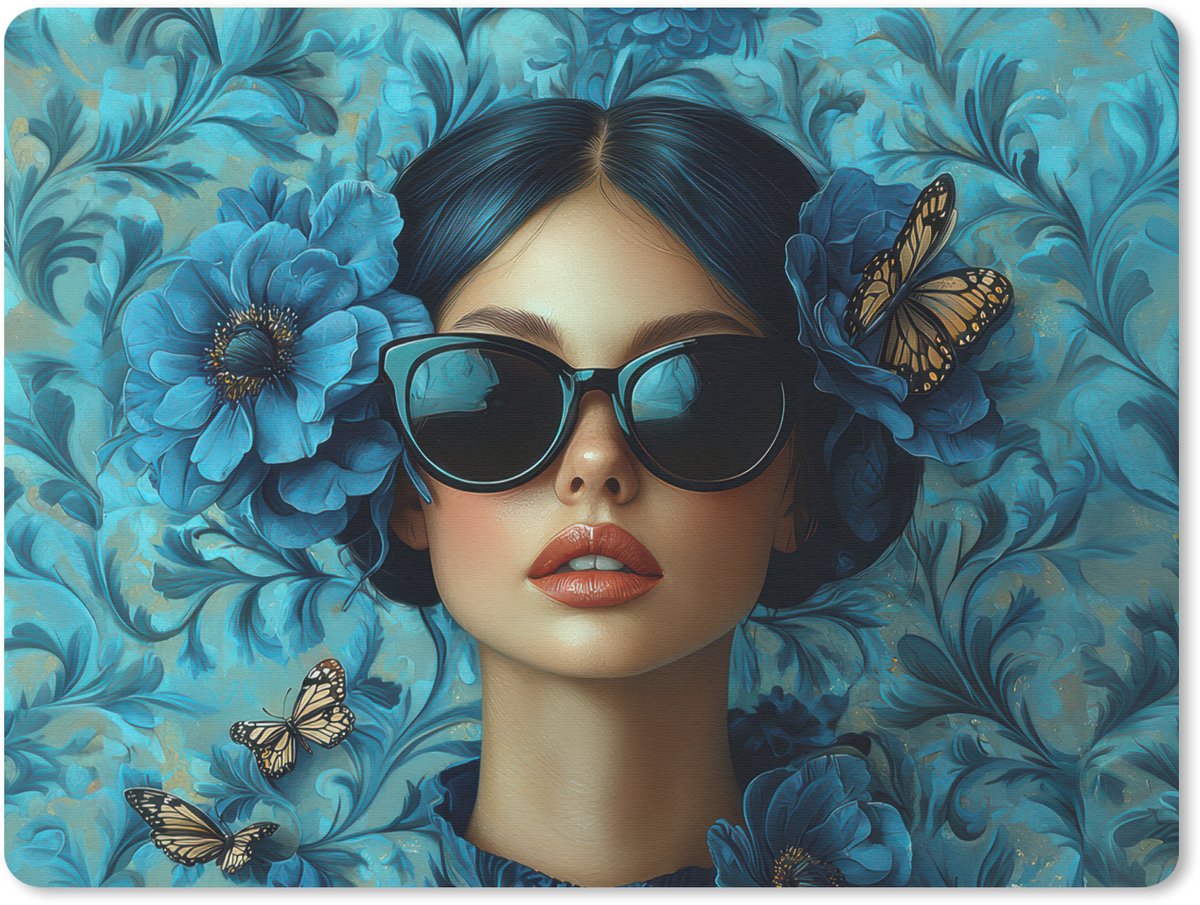 Muismat 23x19 cm - Mousepad Vrouw - Bloemen - Vlinders - Blauw - Abstract - Muismatten