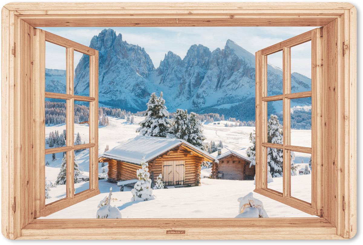 Muismat 27x18 cm - Mousepad Doorkijk - Winterlandschap - Huisje - Bergen - Uitzicht - Muismatten