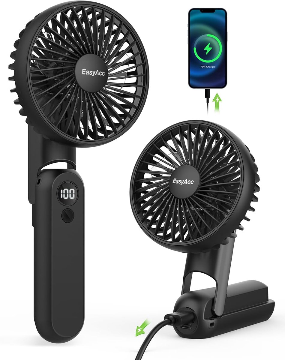 Draagbare Handventilator met 5000 mAh en 32 uur batterijduur - USB Oplaadbaar, 5 Snelheden, Digitaal Display, 180 Graden Opvouwbaar