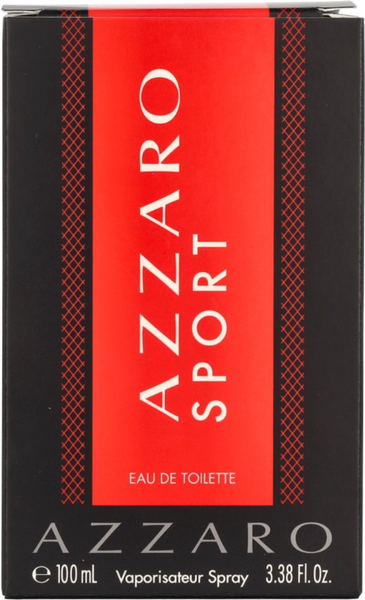 Doosje van AZZARO SPORT Eau de Toilette, zwart met een rode band.