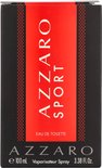 Doosje van AZZARO SPORT Eau de Toilette, zwart met een rode band.
