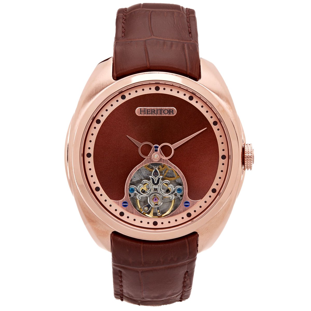 Heritor Automatisch Romeins Semi-Skelet Horloge met Leren Band - Roségoud-Lichtbruin