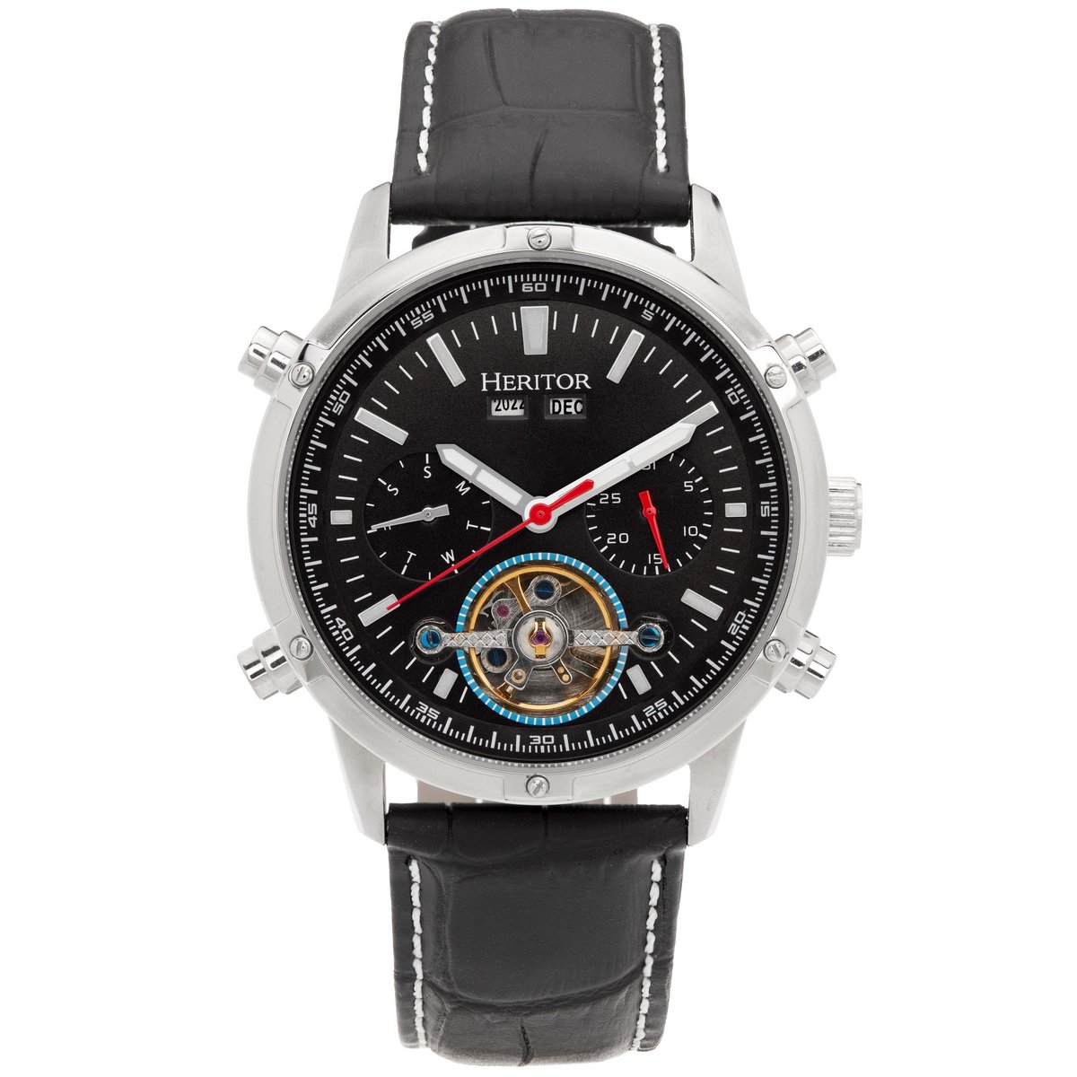 Heritor Automatic Wilhelm Semi-Skelet leren band horloge met dag-datum - Zwart
