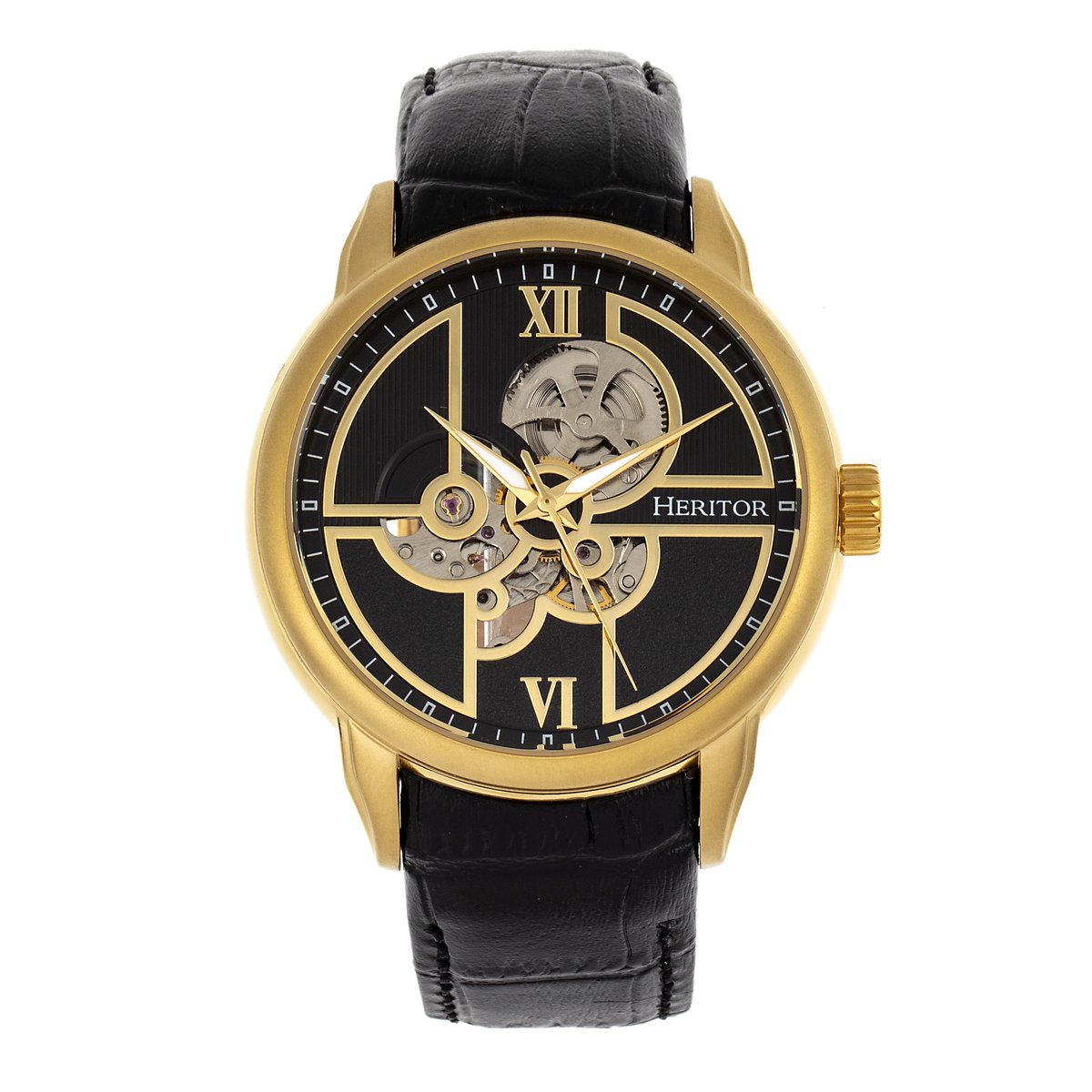 Heritor Automatic Sanford Semi-Skelet leren band horloge - Goud-Zwart