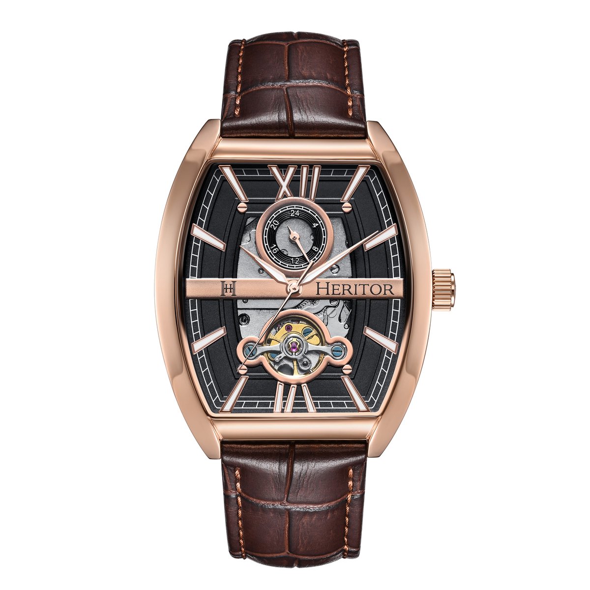 Heritor Automatic Masterson Semi-Skelet leren band horloge - Roségoud-bruin