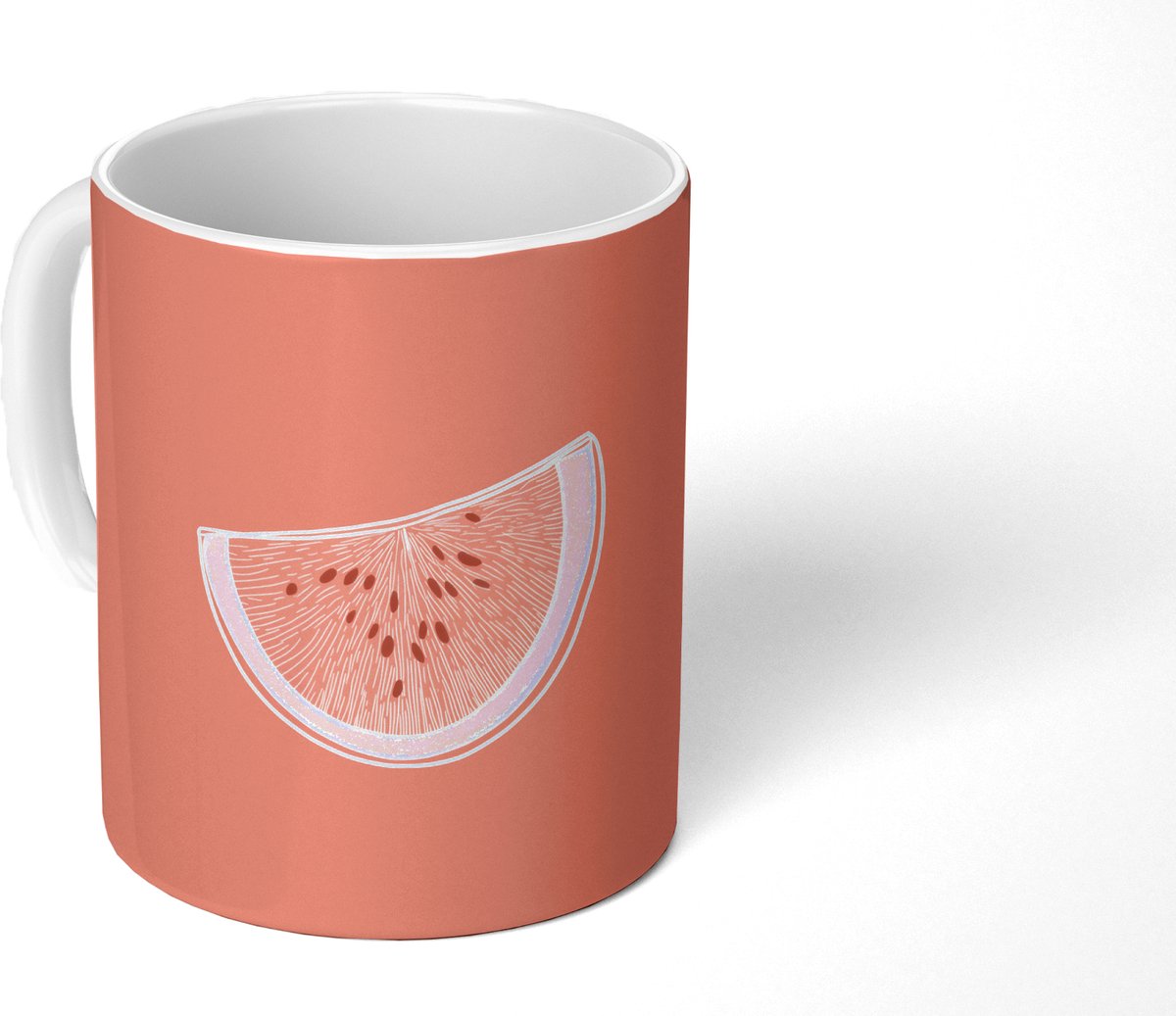 Mok - Koffiemok - Watermeloen - Lijnen - Koraalrood - Mokken - 350 ML - Beker - Koffiemokken - Theemok