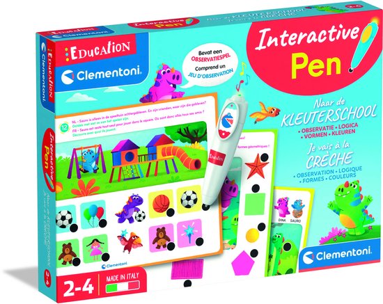 Doos van het Clementoni Interactieve Pen Educatief Observatie Spel 'Naar de Kleuterschool' met dinosaurussen en speeltoestellen.