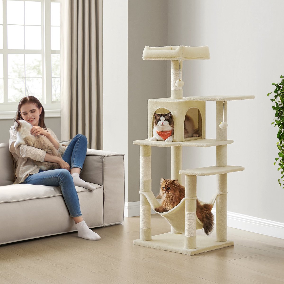 Krabpaal – 143 cm – Hoge Kattenboom – Met Grot en Hangmat – Veel Speelruimte