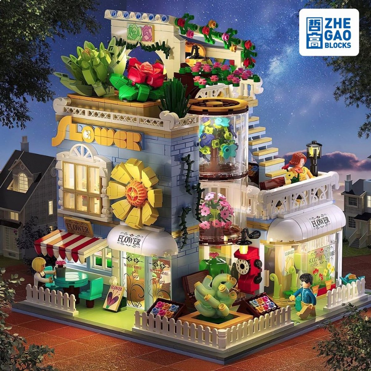 Zhe Gao DZ6120 Classic Bloemen winkel bouwset incl. 4 minifigures | City Achitecture Adventure Modelbouw | Educatief Creator speelgoed bouwpakketten voor kinderen & volwassenen | Niet compatibel met lego friends | Bouwdoos met 2091 bouwstenen — afbeelding 17