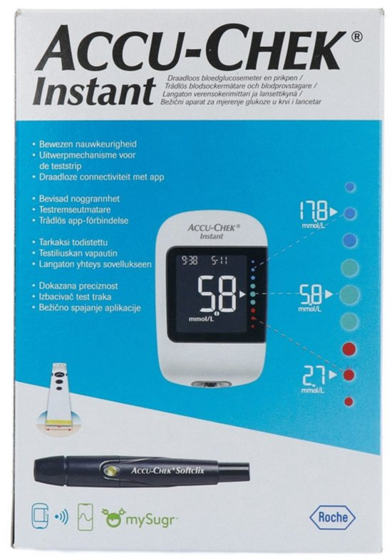 Verpakking van de Accu-Chek Instant bloedglucosemeter, met witte meter met zwart display.