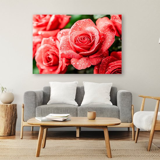 Rode rozen met waterdruppels - Rozen posters - Wanddecoratie roos - Hyperrealisme - Woonkamer posters - Decoratie kamer - Poster 40x30 cm