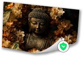 Boeddha met bloemen decoratie - Spiritualiteit wanddecoratie - Poster boeddha - Realisme kunststroming - Wanddecoratie landelijk - Kunst aan de muur - Poster 90x60 cm