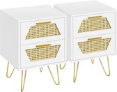 Table de chevet, ensemble de 2 tables d'appoint avec 2 tiroirs, table de chevet en rotin, table de nuit, pieds en métal, table de canapé, table basse pour chambre, blanc