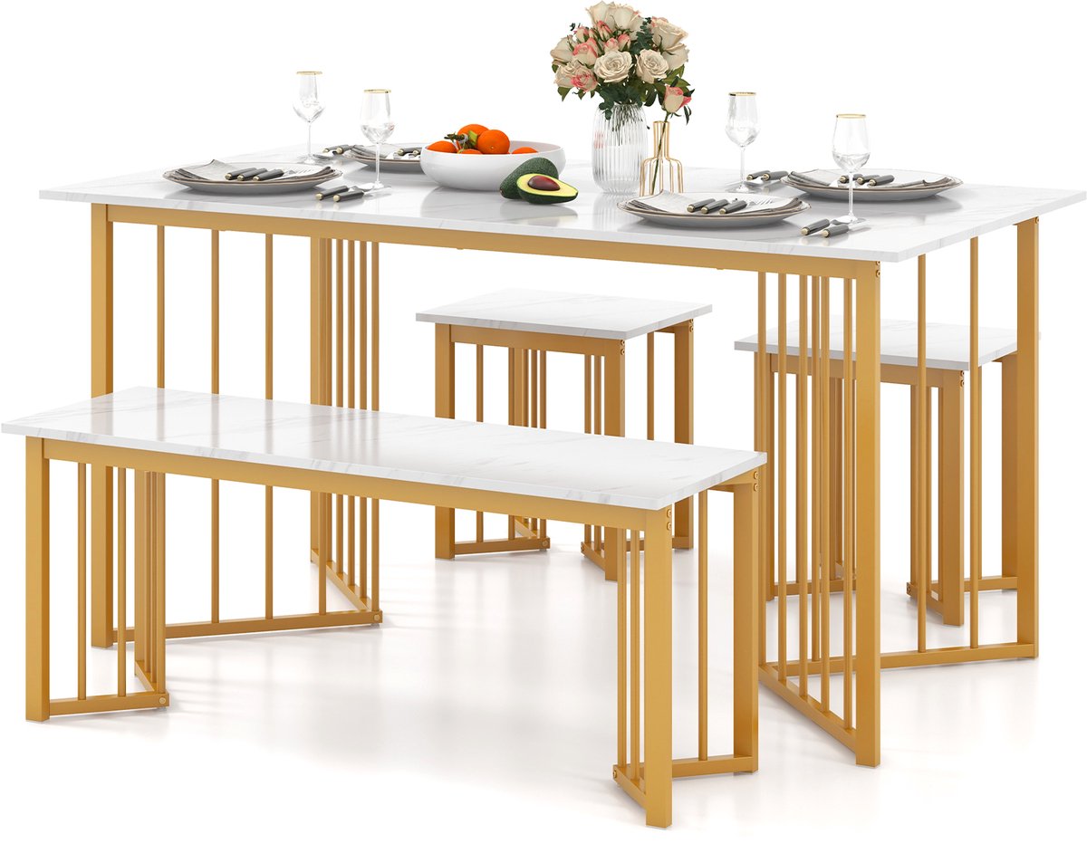 Costway Eetkamerset 4-delig, eetkamergroep met 2 stoelen, tafel, bank, rechthoekige keukentafel, marmer, moderne eetgroep van metaal, voor eetkamer, keuken, woonkamer, wit + goud, 150 x 80 x 75 cm