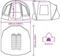 Afmetingen van een tent: lengte 330 cm, breedte 315 cm, hoogte 176 cm. Inclusief slaapzakken en draagtas.