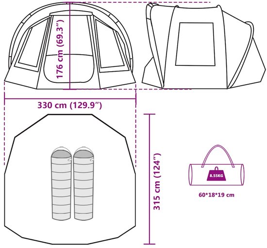 Afmetingen van een tent: lengte 330 cm, breedte 315 cm, hoogte 176 cm. Inclusief slaapzakken en draagtas.