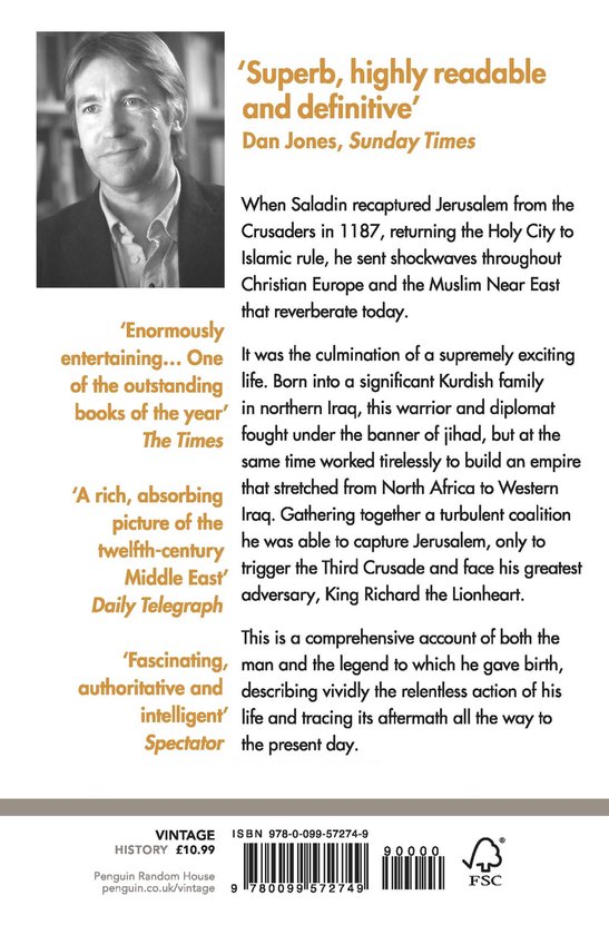 Portretfoto van Jonathan Phillips, naast tekst en details over het boek 'The Life and Legend of the Sultan Saladin'.