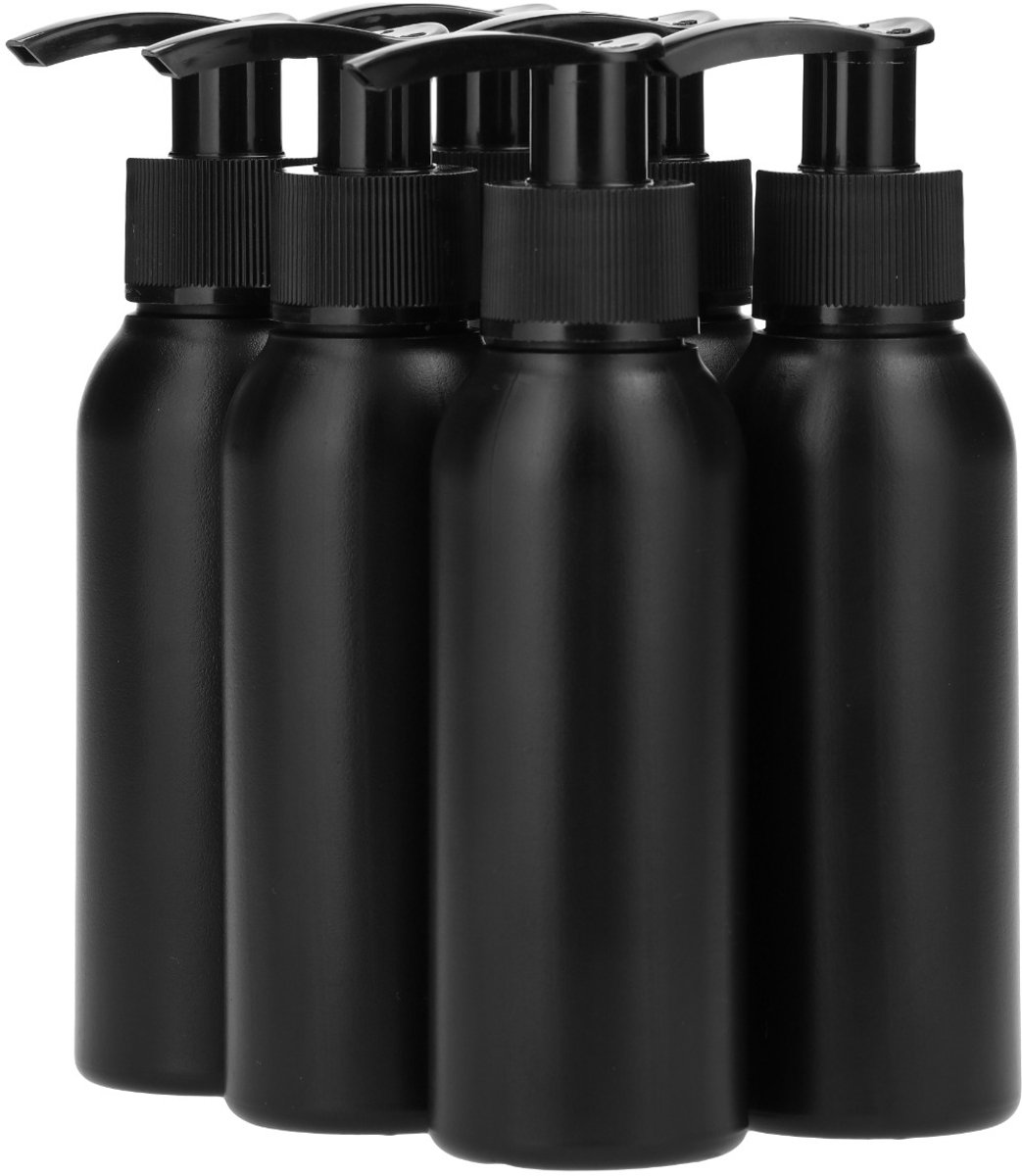 6 x 100 ml ronde fles HDPE zwart + Zeepfles Dispenserpomp zwart - BPA Vrij - Niet Breekbaar - Plastic Flesjes Navulbaar - Met Dop - Lege Flessen - 6 stuks.
