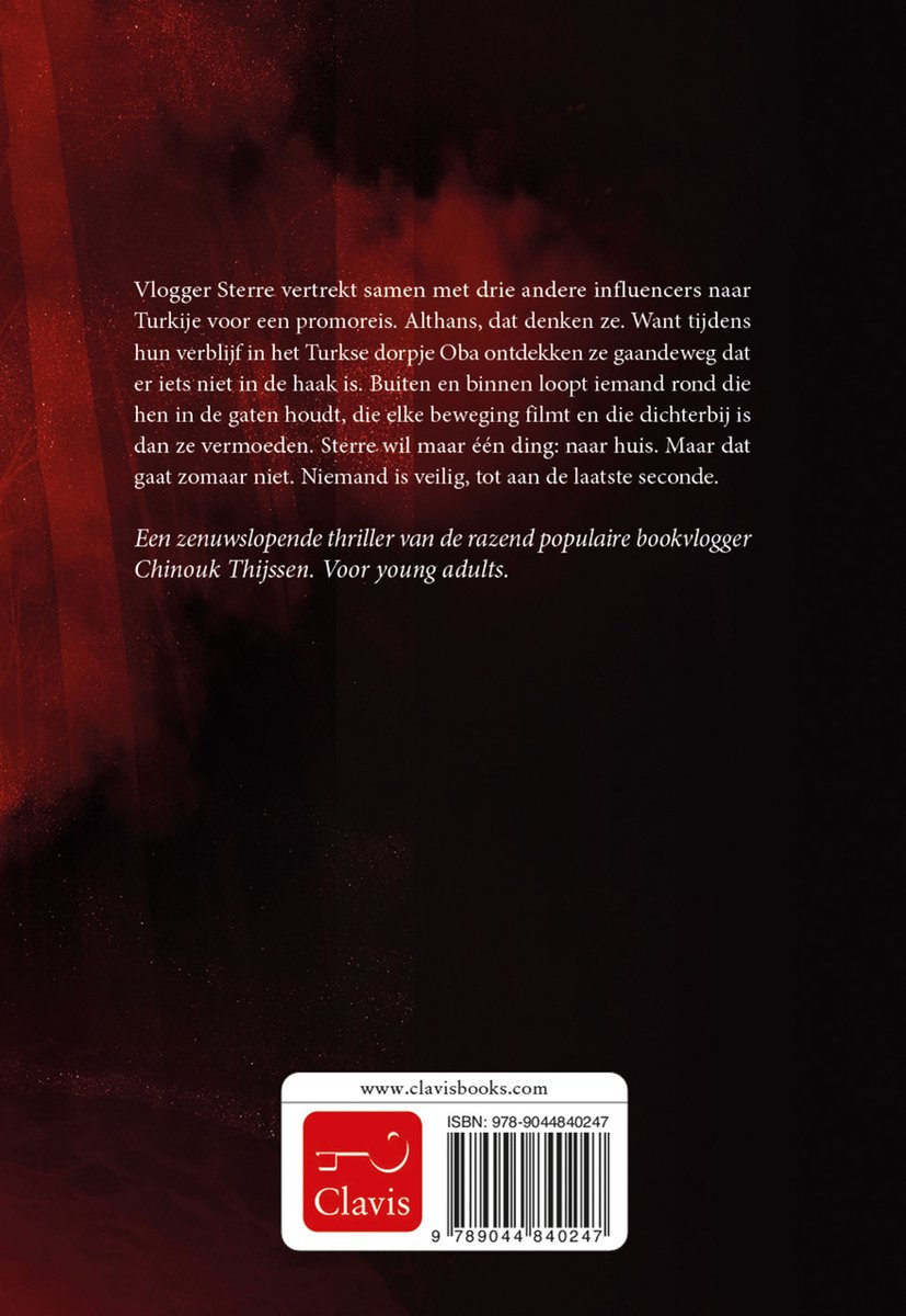 Achterkant boek: Samenvatting en "Clavis YOUNG ADULT" logo.
