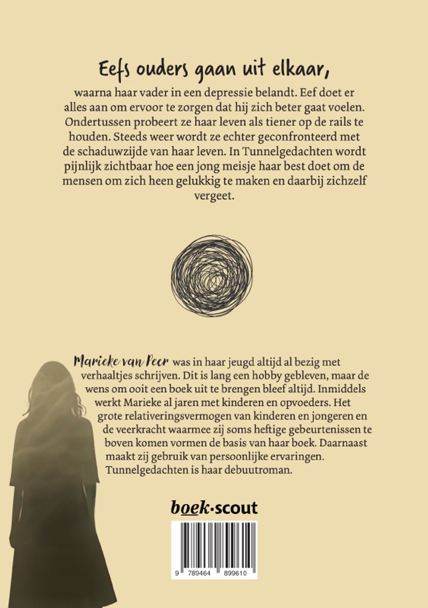Achterkant boek "Tunnelgedachten" met tekst over de auteur en de inhoud. Silhouet van een meisje onderaan.