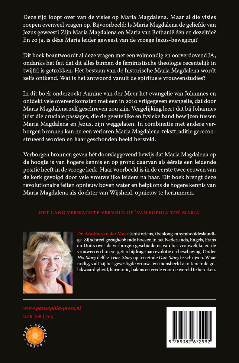 Achterkant boek met foto van schrijfster Annine van der Meer en tekst over Maria Magdalena