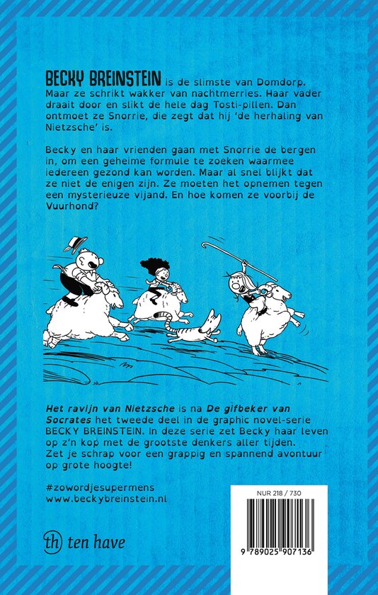 Achterkant van boek 'Becky Breinstein 2'. Illustratie van personages op schapen. Tekst over het verhaal en website.